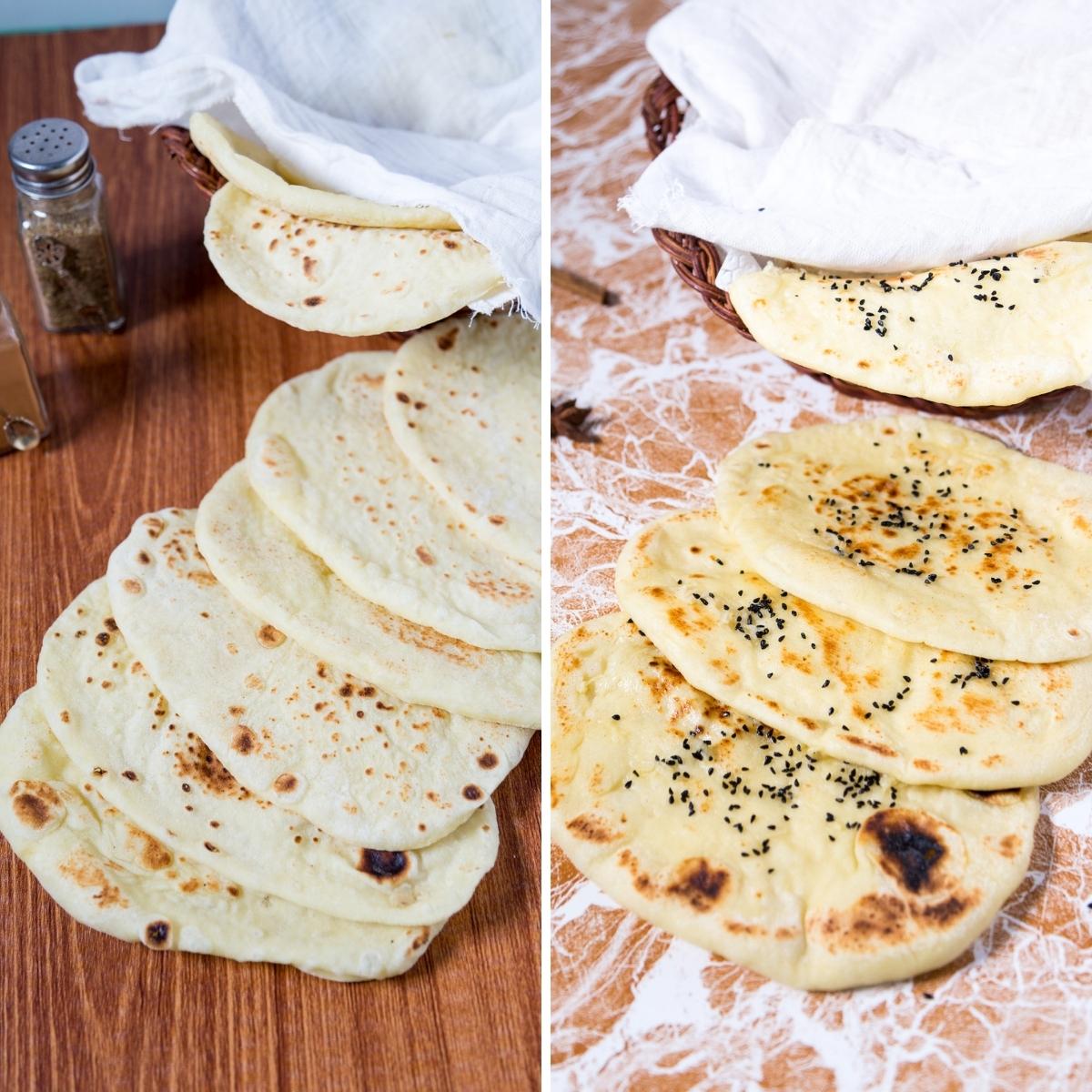 Classic and butter naan on a table.
