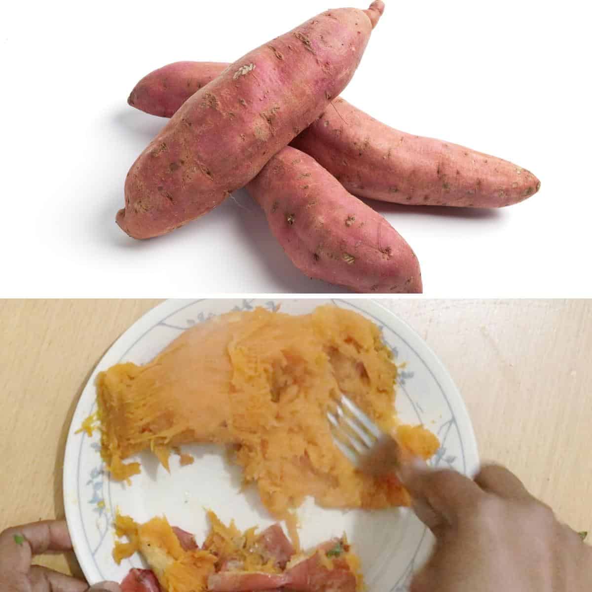 Progress pictures for cooking sweet potato.
