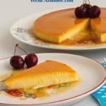Pinterest image for creme caramel flan with apricots.