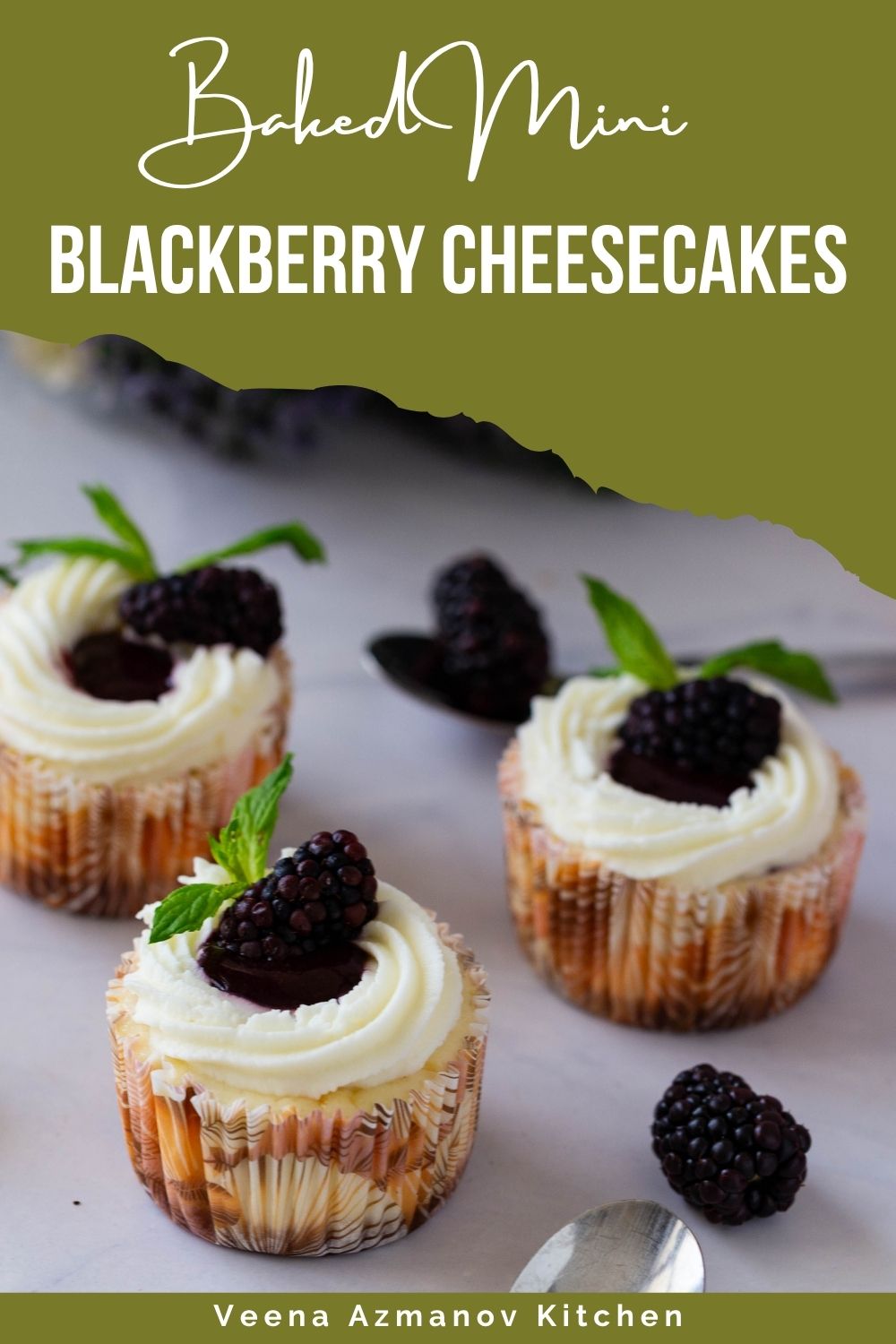 Pinterest image for Mini Blackberry Cheesecakes Recipe.