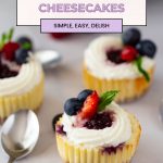 Pinterest image for baked blueberry mini cheesecakes.
