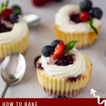 Pinterest image for baked blueberry mini cheesecakes.