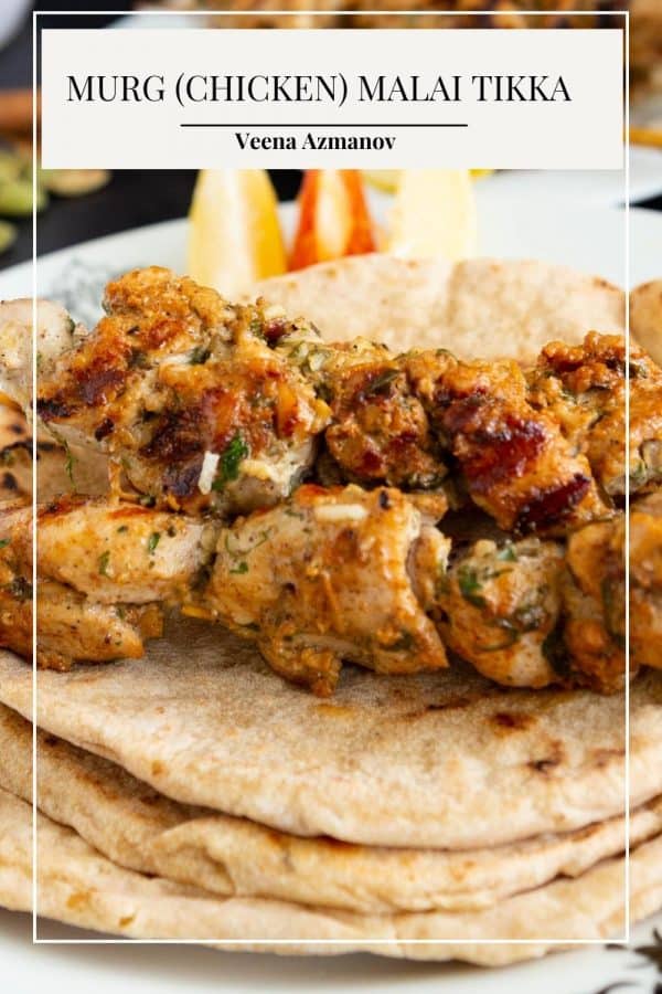 Pinterest image for chicken tikka or Malai kebabs.