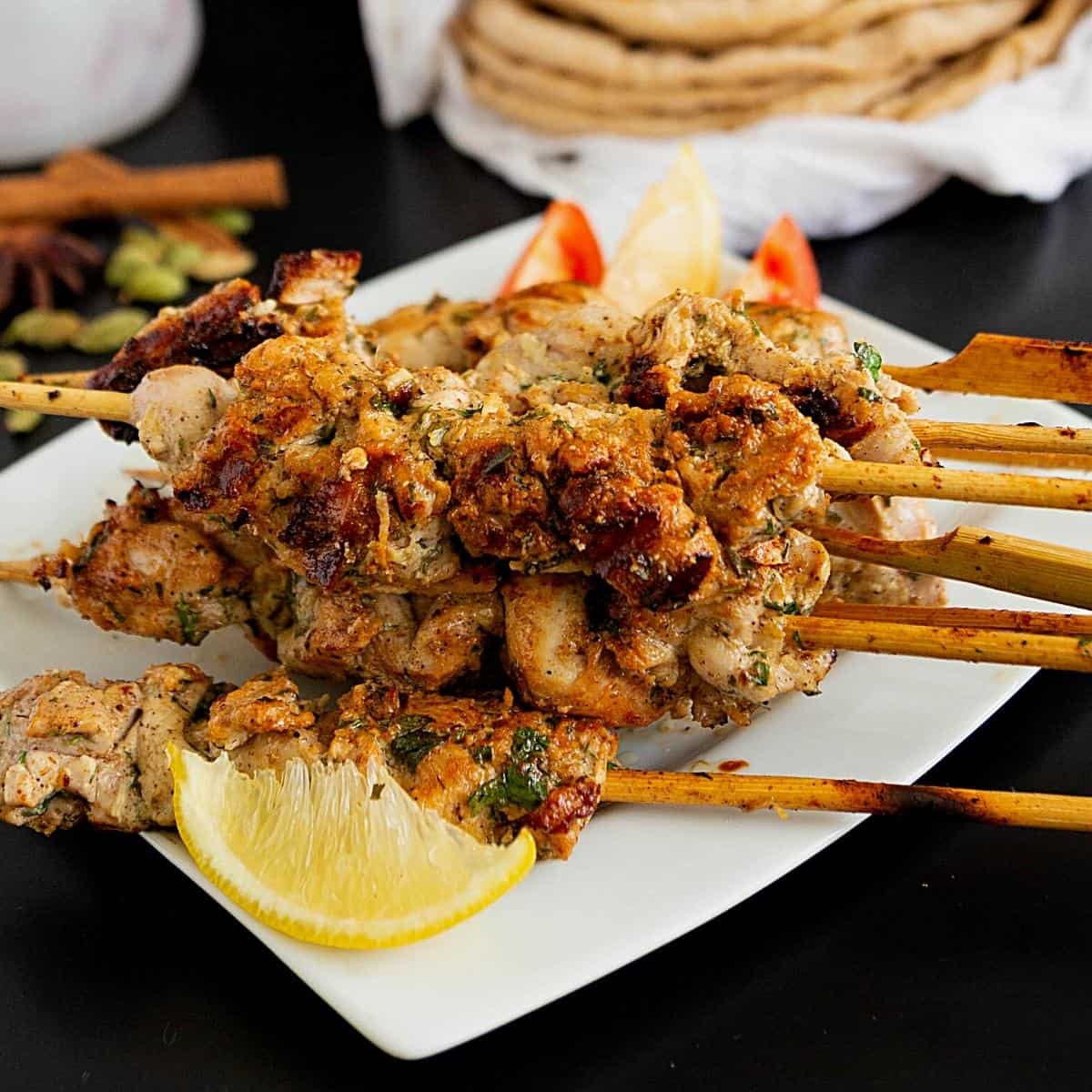 Indian Malai Chicken Skewers on the plate.