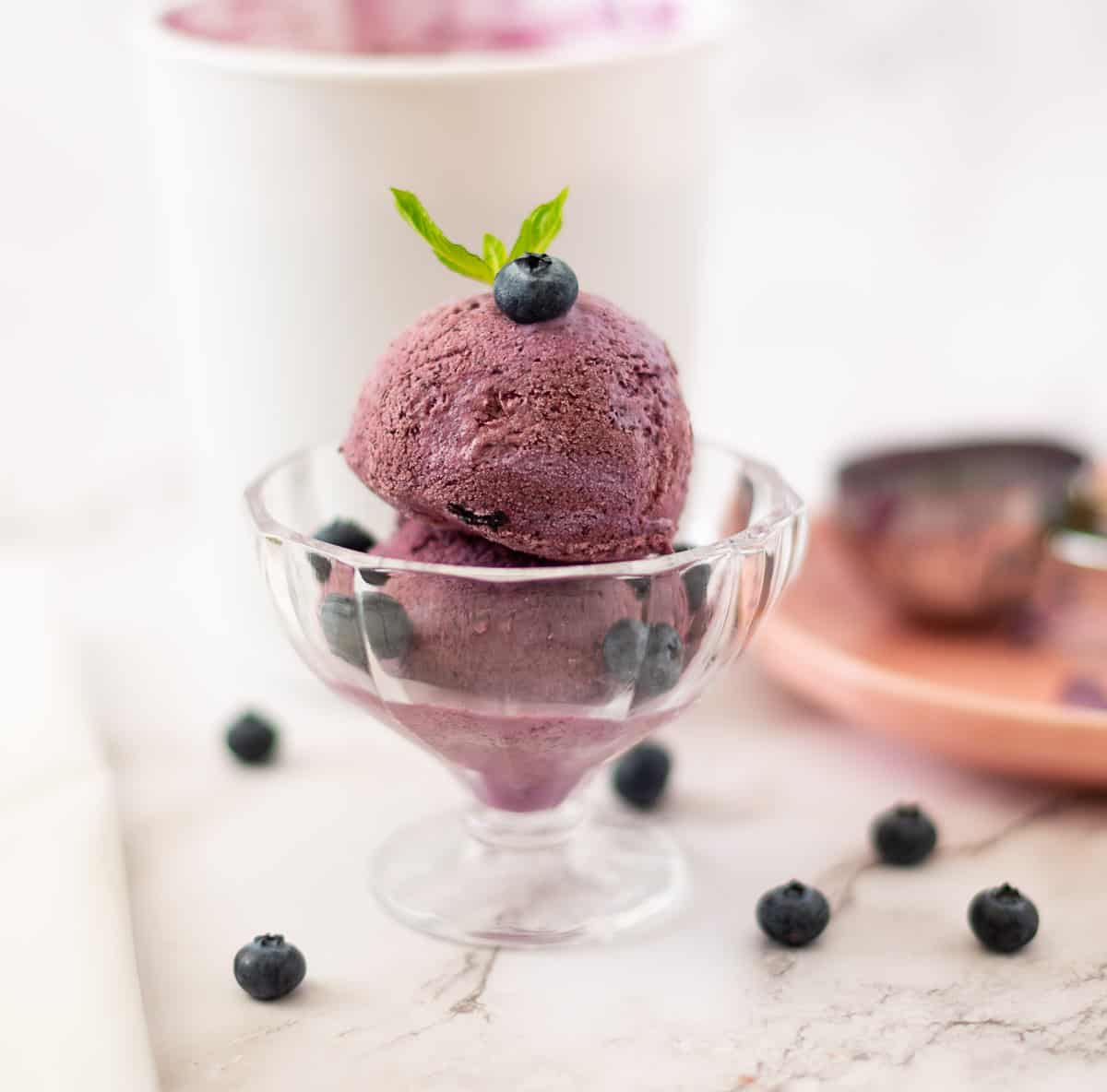 Two scoops of blueberry ice cream in glass bowls.