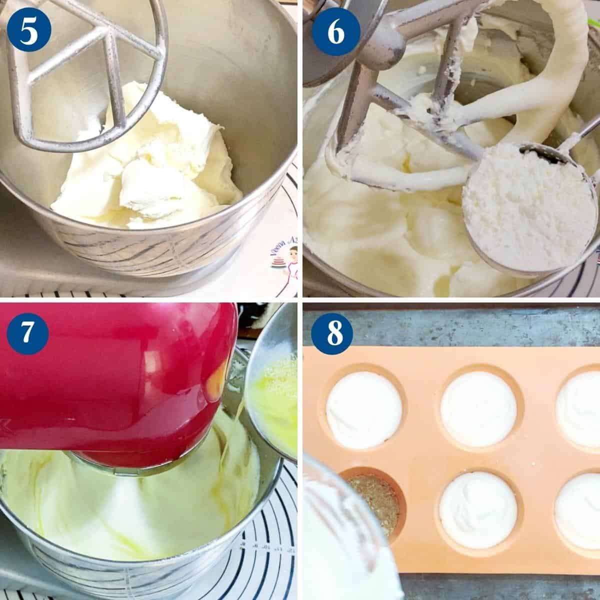 Progress pictures collage making cheesecake batter.