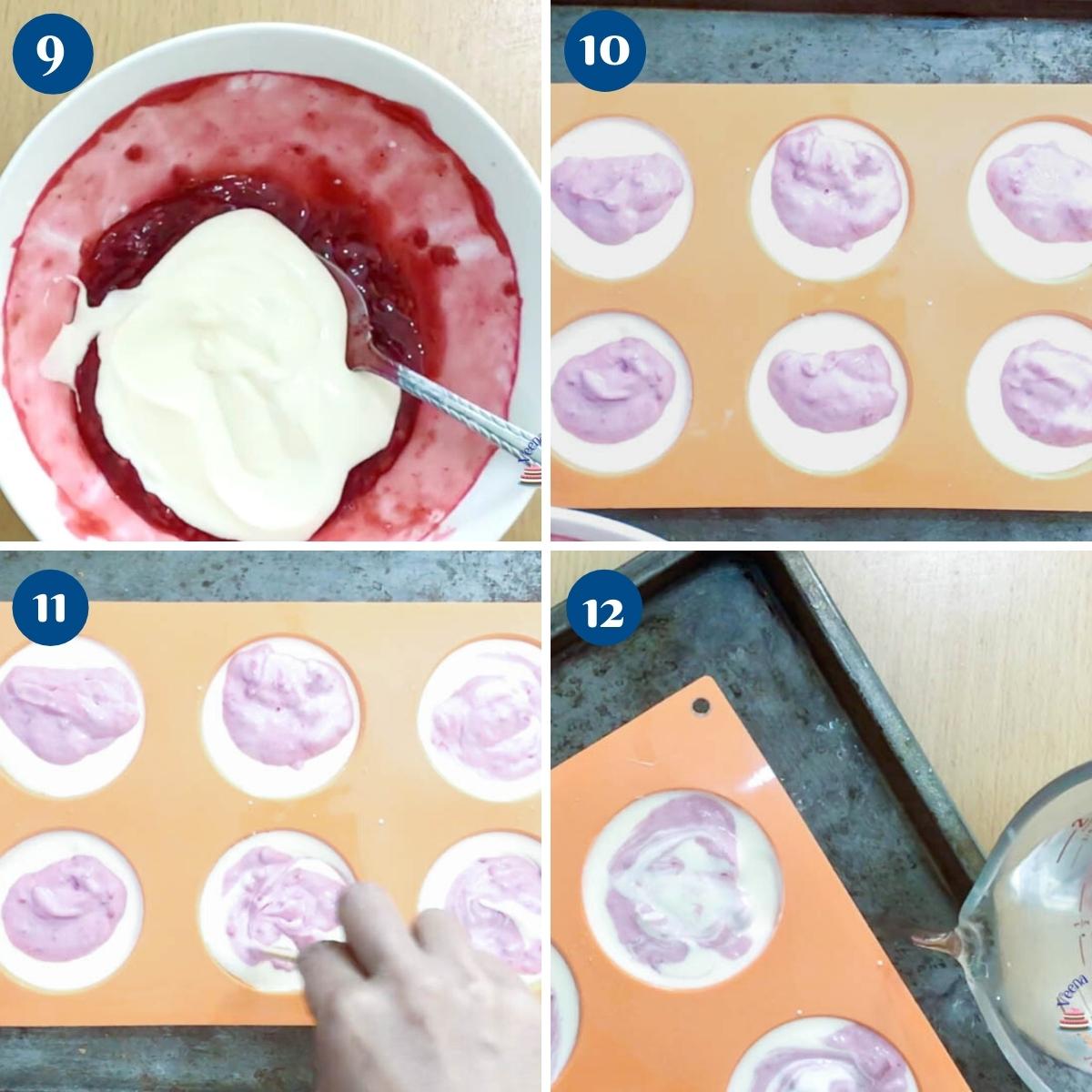 Progress pictures creating raspberry swirl on mini cheesecakes.