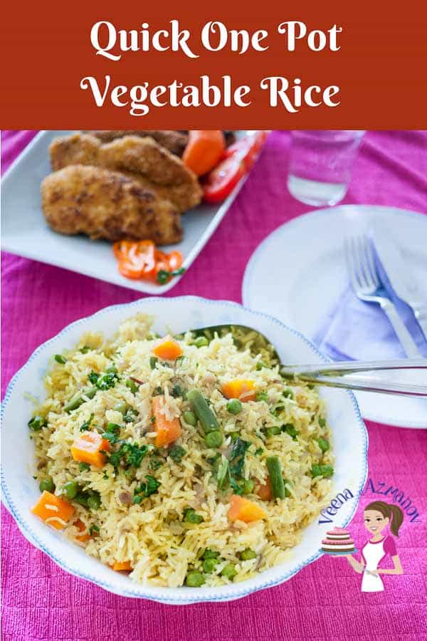 This one pot vegetable rice is kids absolute favorite dish because it's lightly flavored with just the right amount of vegetables. This simple, easy and effortless recipe can be served as a main course on its own for a light meal or as an accompaniment to the main course. The best part is, it takes only 15 minutes to cook so quick one pot meal is a possibility. A Pinterest Optimized image fro Quick One Pot Vegetable Rice Recipe, simple easy and gets ready in 15 minutes