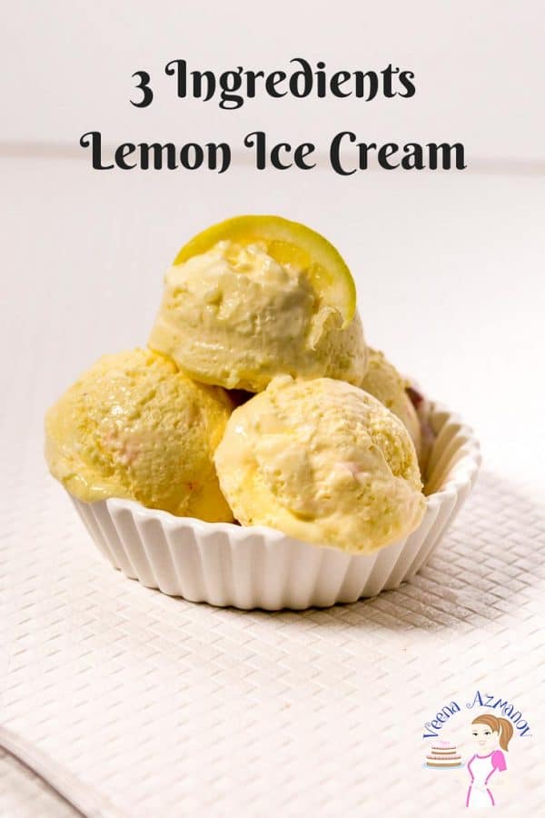 4 scoops of lemon ice cream in a bowl.