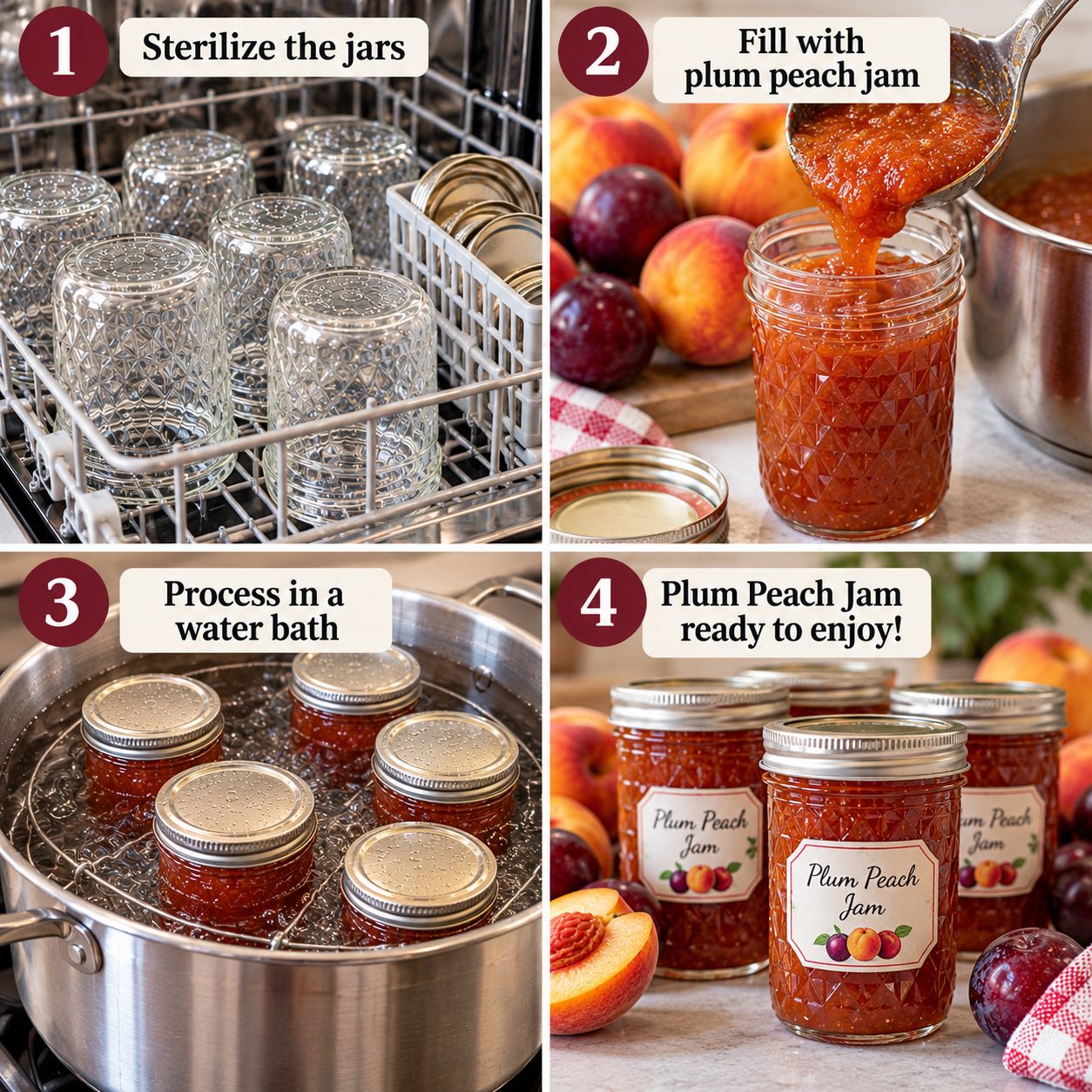 Canning process for plum peach jam.