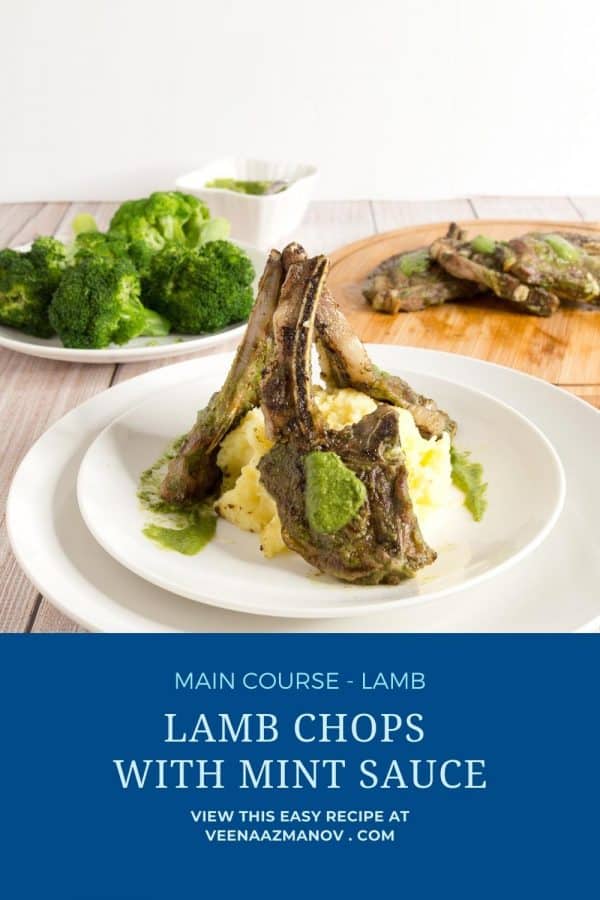 Pinterest image for lamb chops grilled with mint sauce.