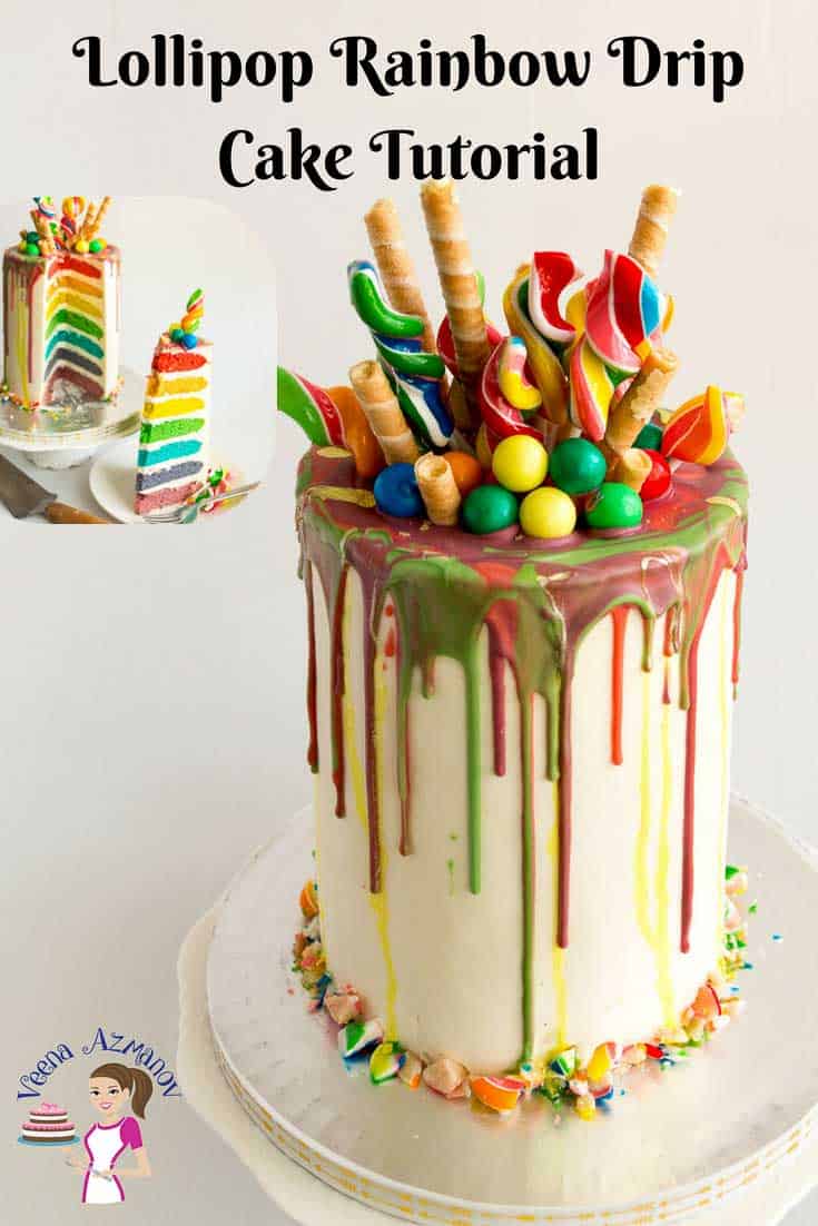 A rainbow cake on a stand.