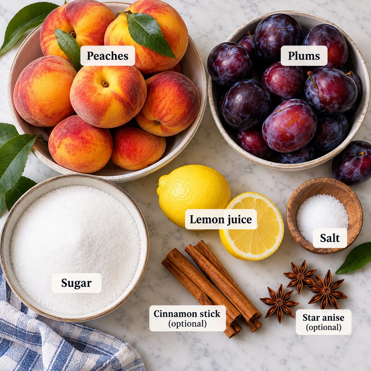 Ingredients for making plum peach jam.