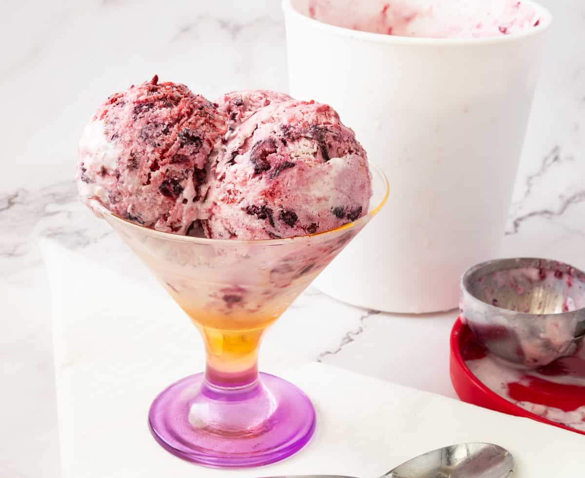Scoops of no churn ice cream in a bowl.