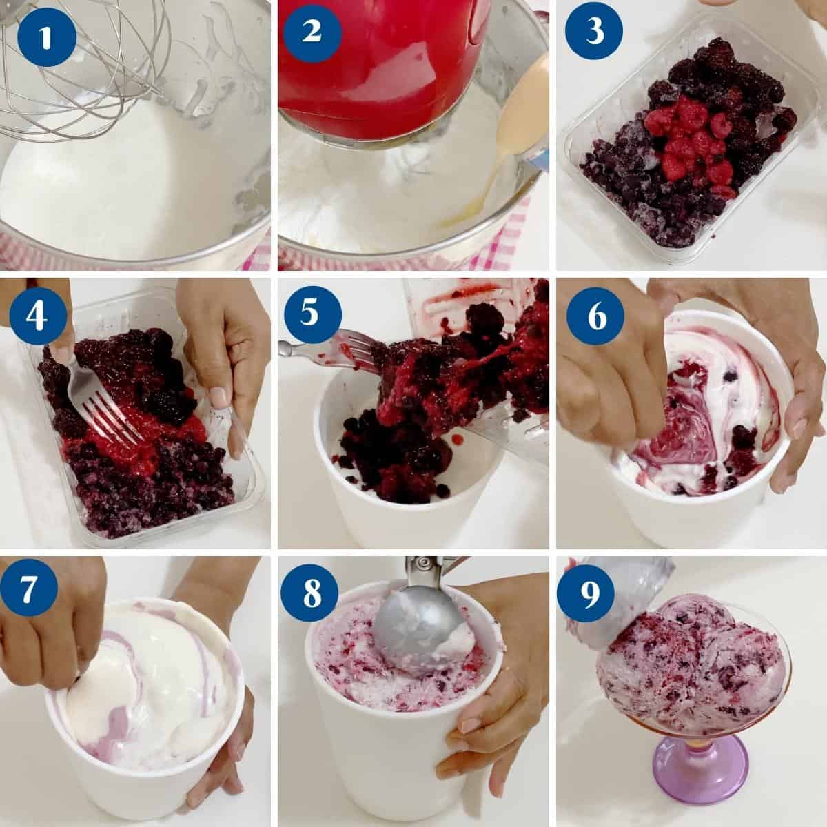 Progress Pictures making ice cream with mixed berry.