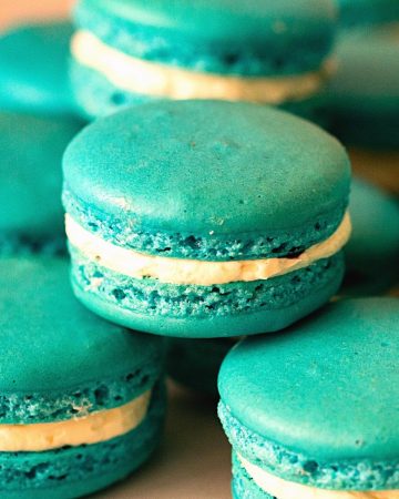 French blue macarons filled with SMBC.