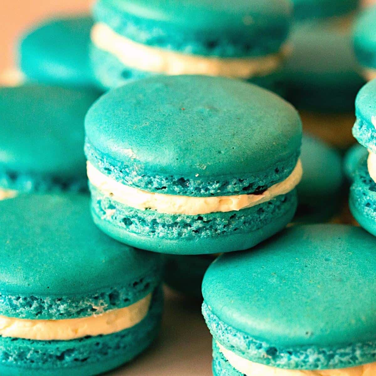 French blue macarons filled with SMBC.