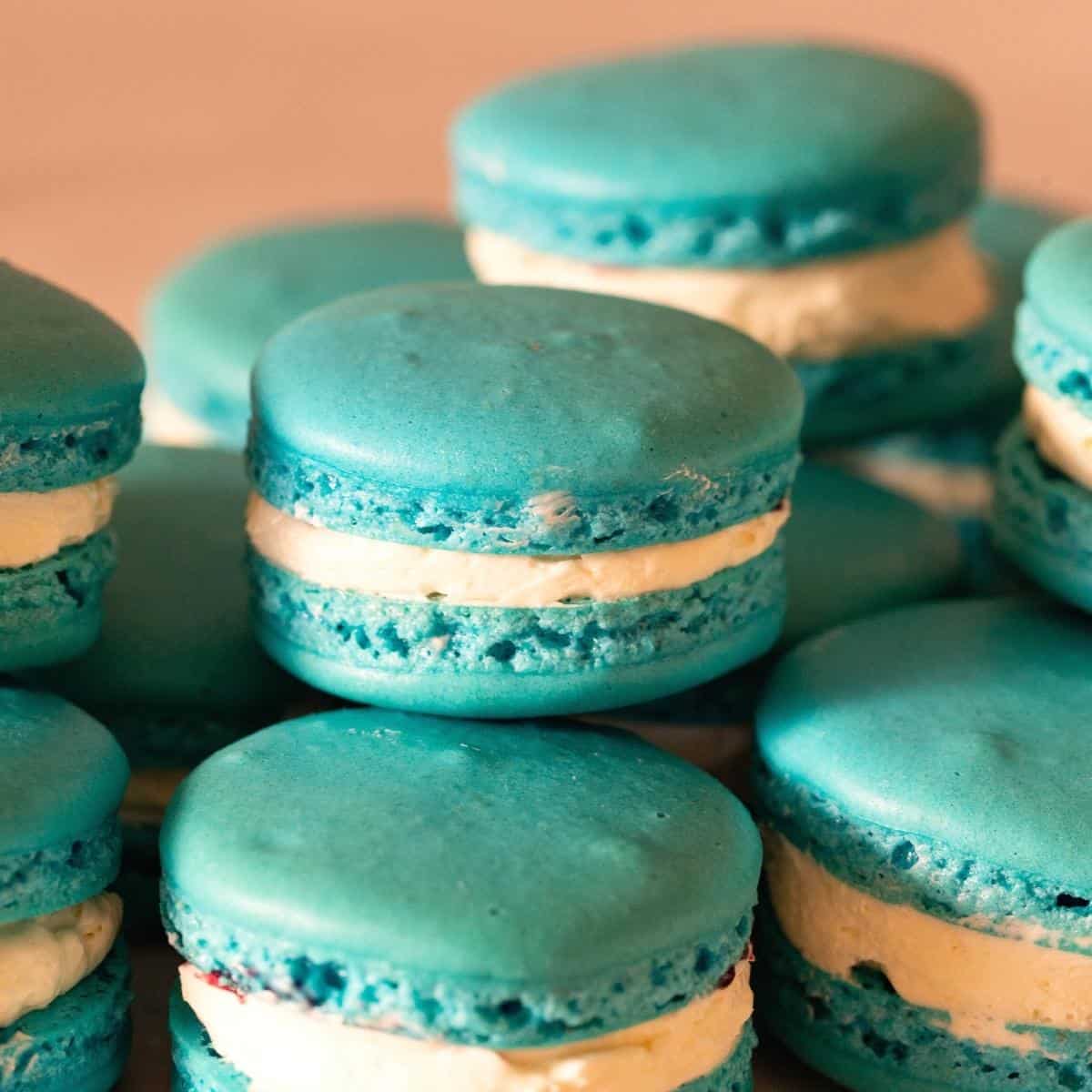 Stack of blue French macarons.