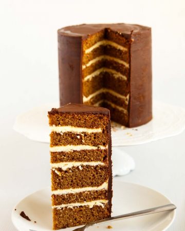 A slice of layer gingerbread cake on a plate.