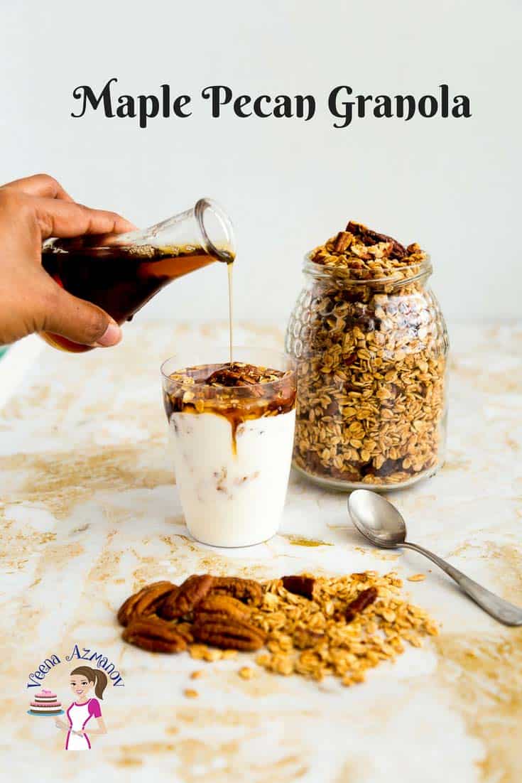 If you love pecan pie you will love this pecan pie granola. Made with delicious maple syrup, brown sugar and deliciously toasted pecans this granola is on the sweeter side combined with the warm flavor of cinnamon. For a perfect way to start the day enjoy a bowl of maple pecan granola yogurt parfait for breakfast An image optimized for social share for this pecan pie granola made, nothing beat homemade granola.