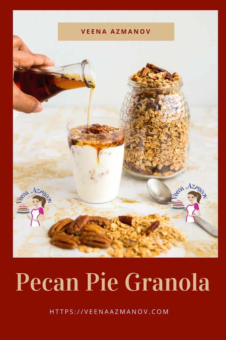 If you love pecan pie you will love this pecan pie granola. Made with delicious maple syrup, brown sugar and deliciously toasted pecans this granola is on the sweeter side combined with the warm flavor of cinnamon. For a perfect way to start the day enjoy a bowl of maple pecan granola yogurt parfait for breakfast An image optimized for social share for this pecan pie granola made, nothing beat homemade granola.