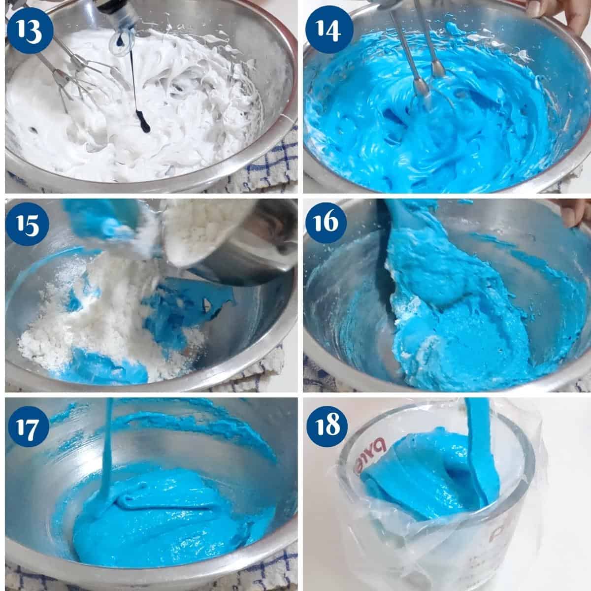 Progress pictures making blue macaron batter.