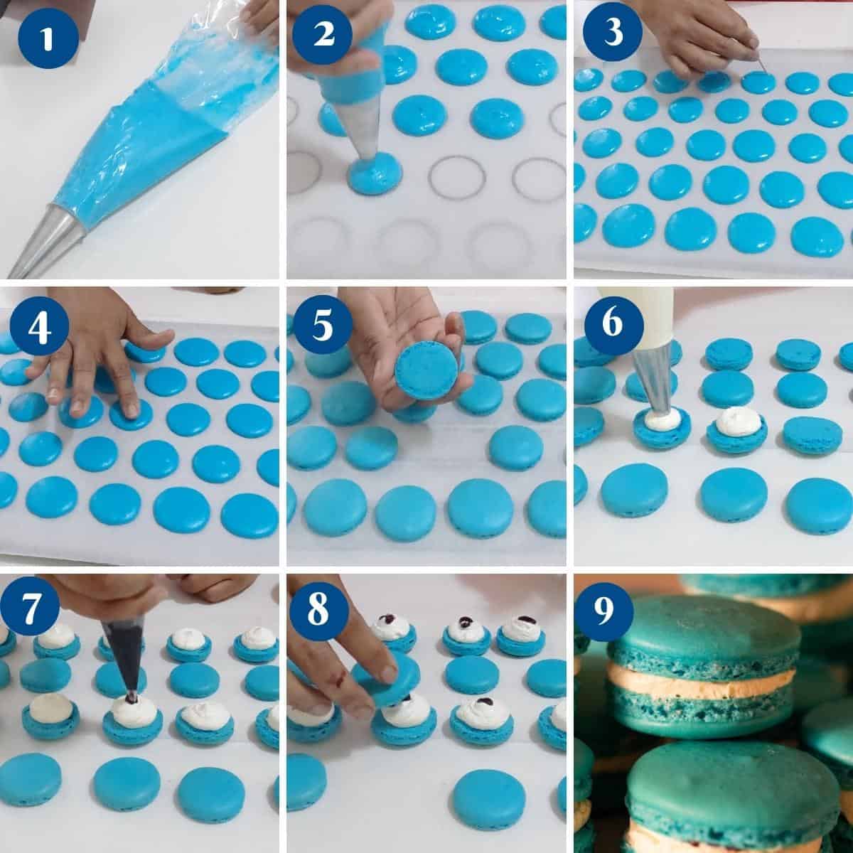 Progress pictures piping blue macarons.