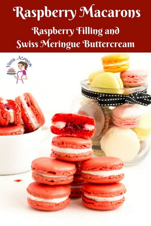 An image optimized for social sharing for these No-fail Macaron recipe for the best Raspberry Macarons with Raspberry Filling and Swiss Meringue Buttercream.