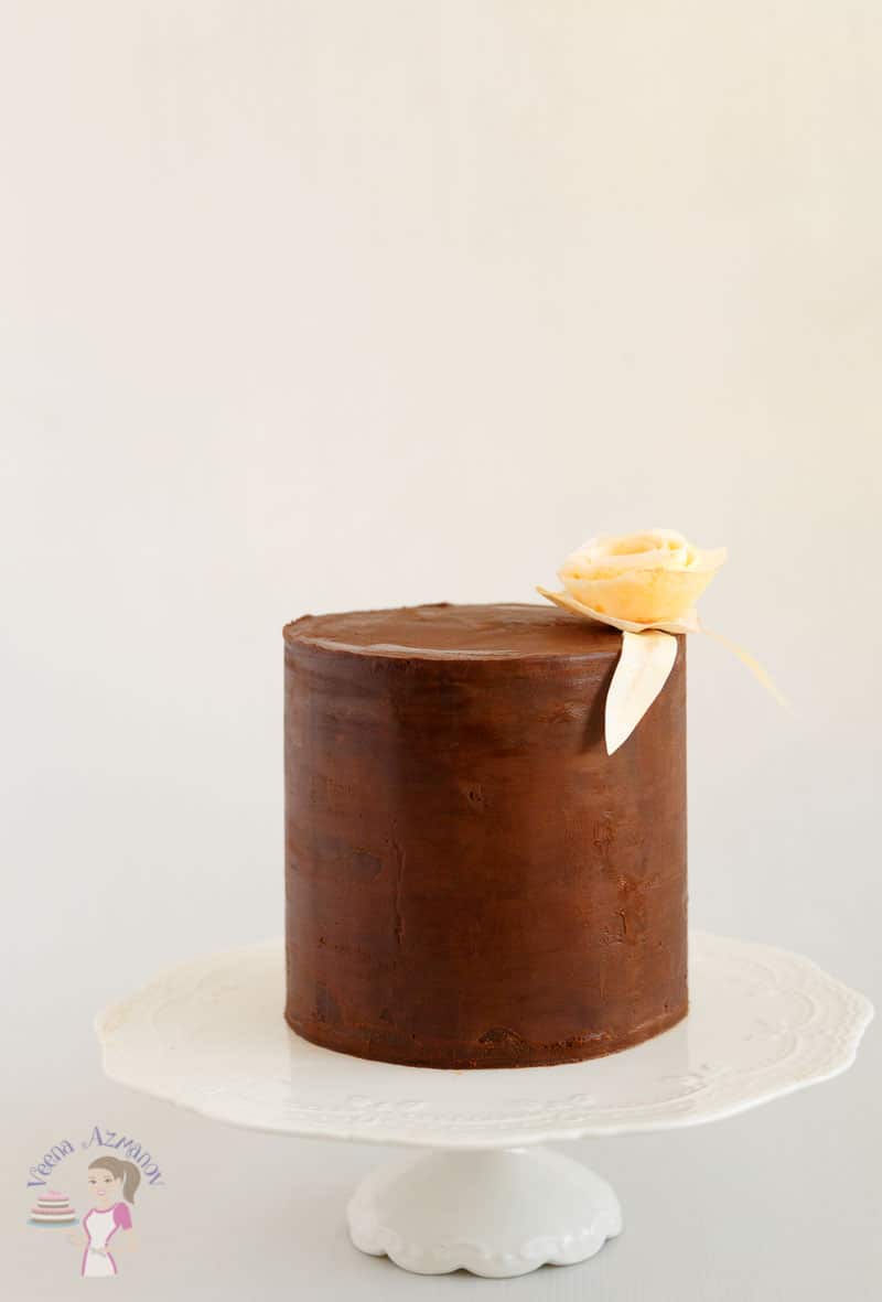 A chocolate frosted layer cake on a stand.