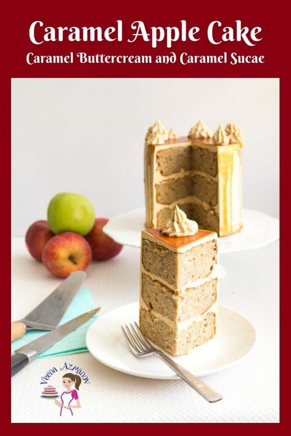 A slice of caramel apple cake with caramel buttercream on a plate.