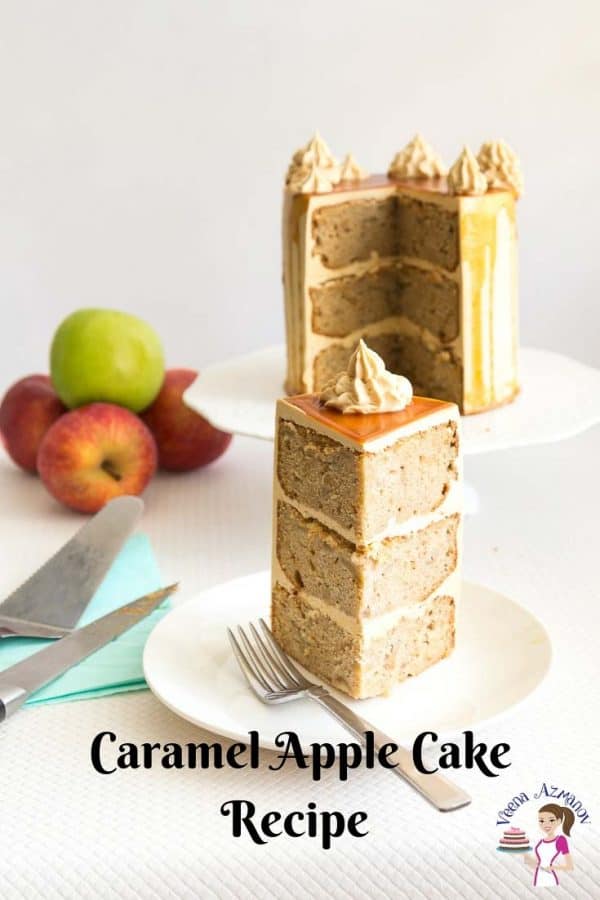 An image optimized for social media share for this caramel apple cake with caramel buttercream and drizzled with caramel sauce.