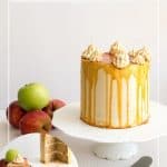 Pinterest image for apple cake with caramel sauce.