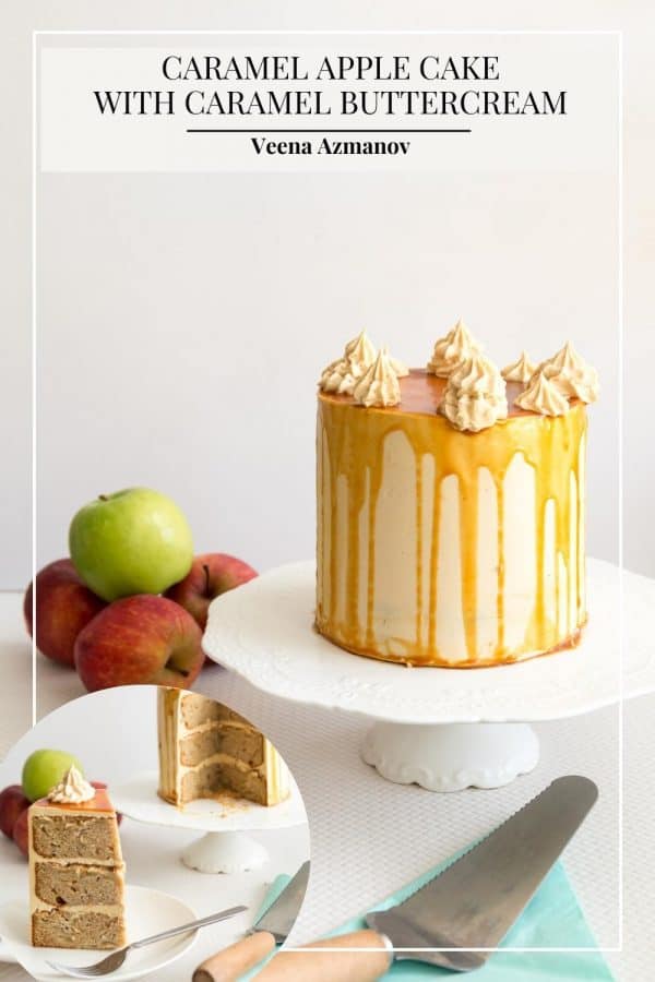 Pinterest image for apple cake with caramel sauce.