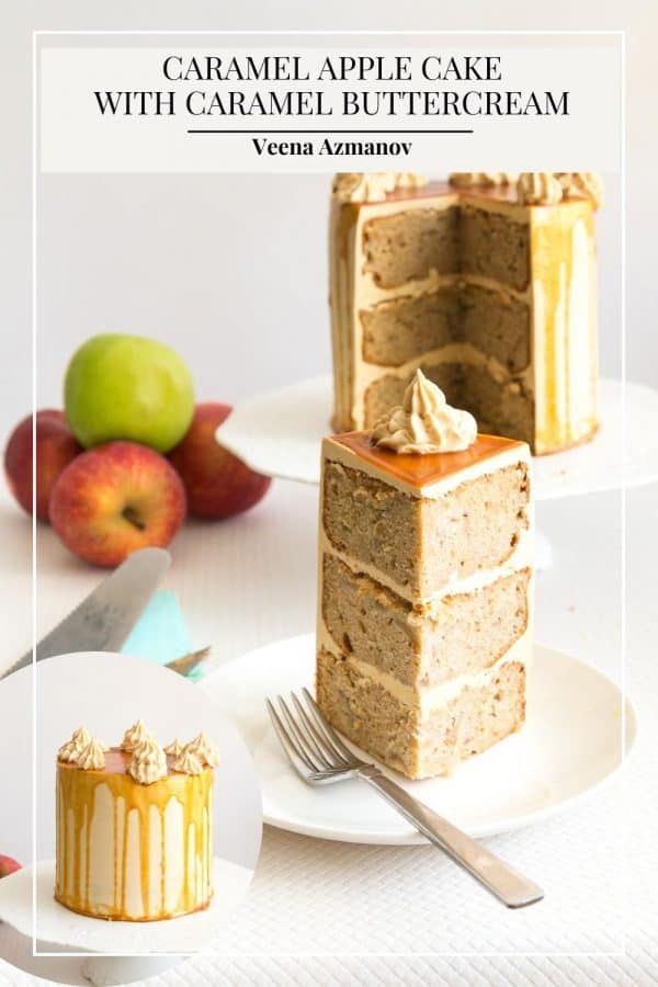 Pinterest image for apple cake with caramel sauce.
