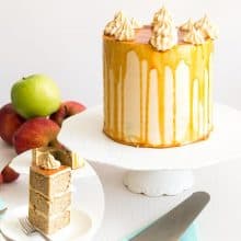 A frosted apple cake with caramel sauce drip.
