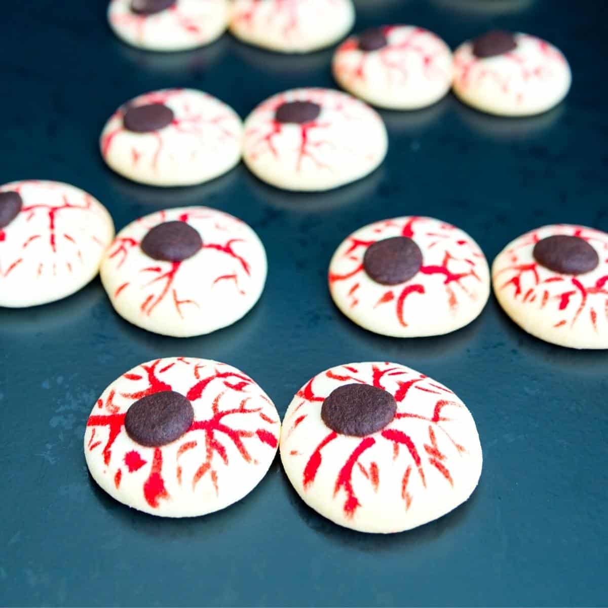 Eyeball cookies on a table.