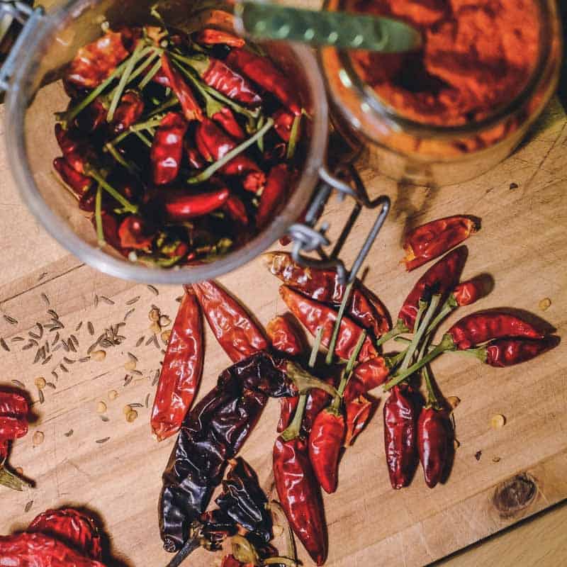 Chili peppers on a table.