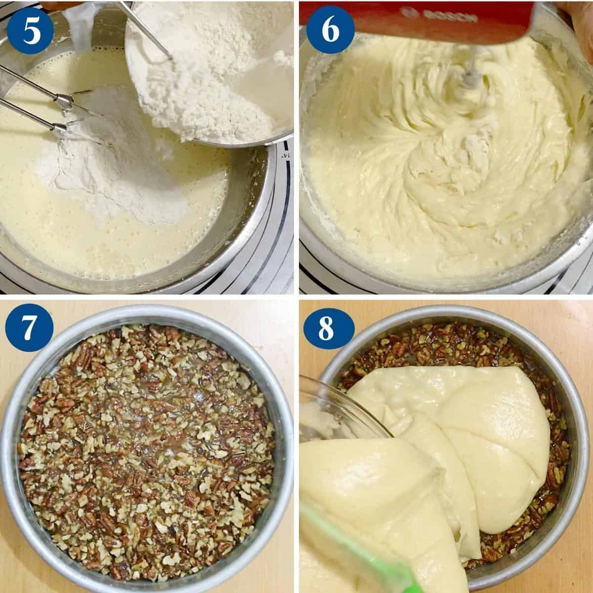 Progress pictures baking the cake with pecan pie.