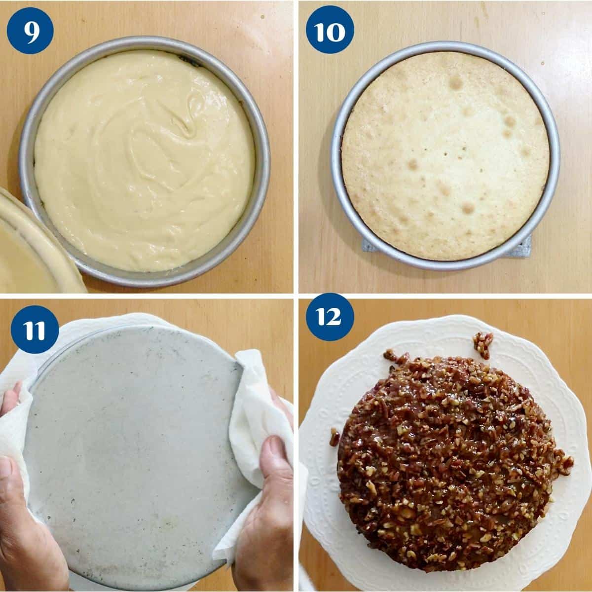 Progress pictures inverting the cake with pecans.
