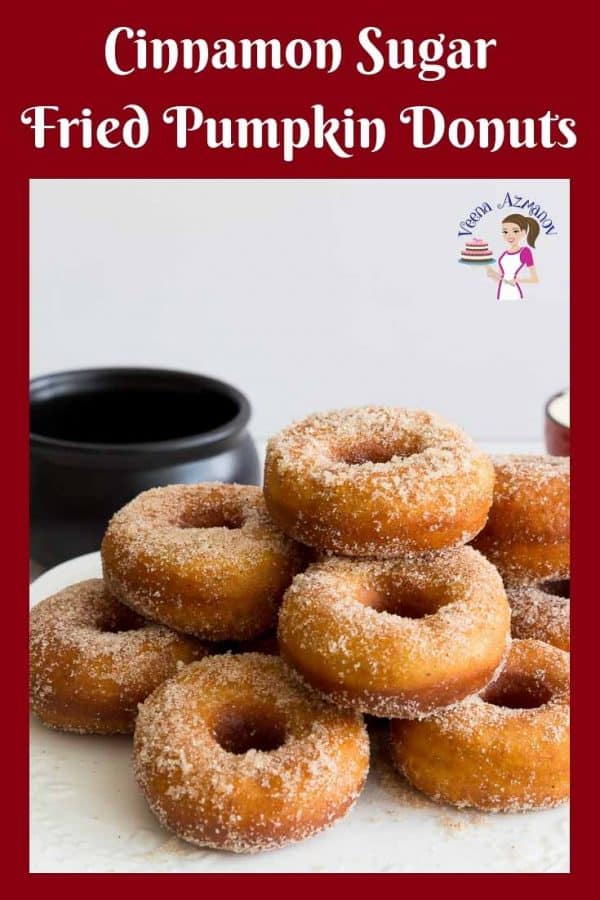 An image optimized for social media share for this step by step tutorial for these cinnamon sugar pumpkin donuts aka pumpkin doughnuts