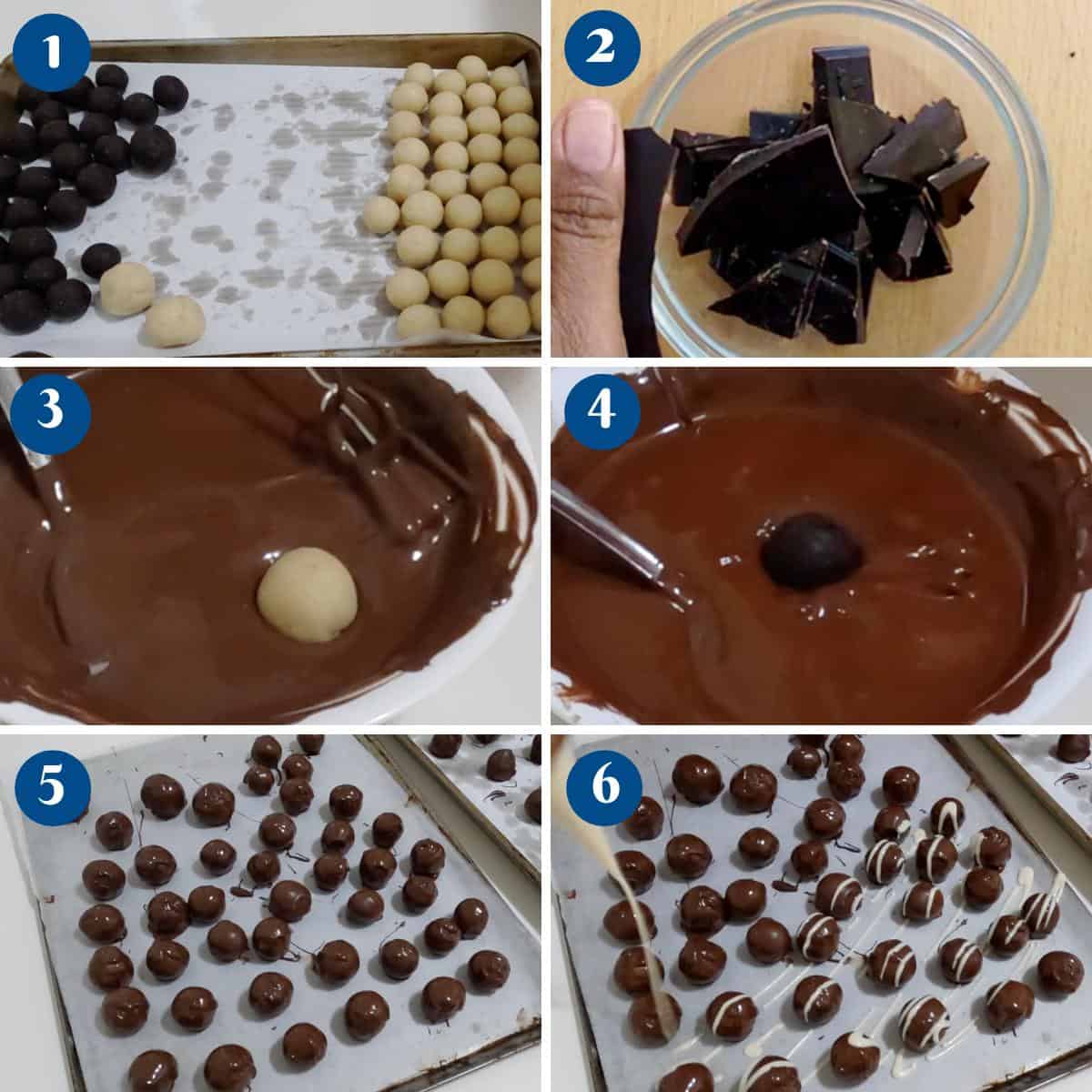 Progress pictures coating the truffles with chocolate.