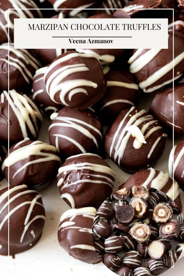 Pinterest image for Truffles with marzipan and chocolate.