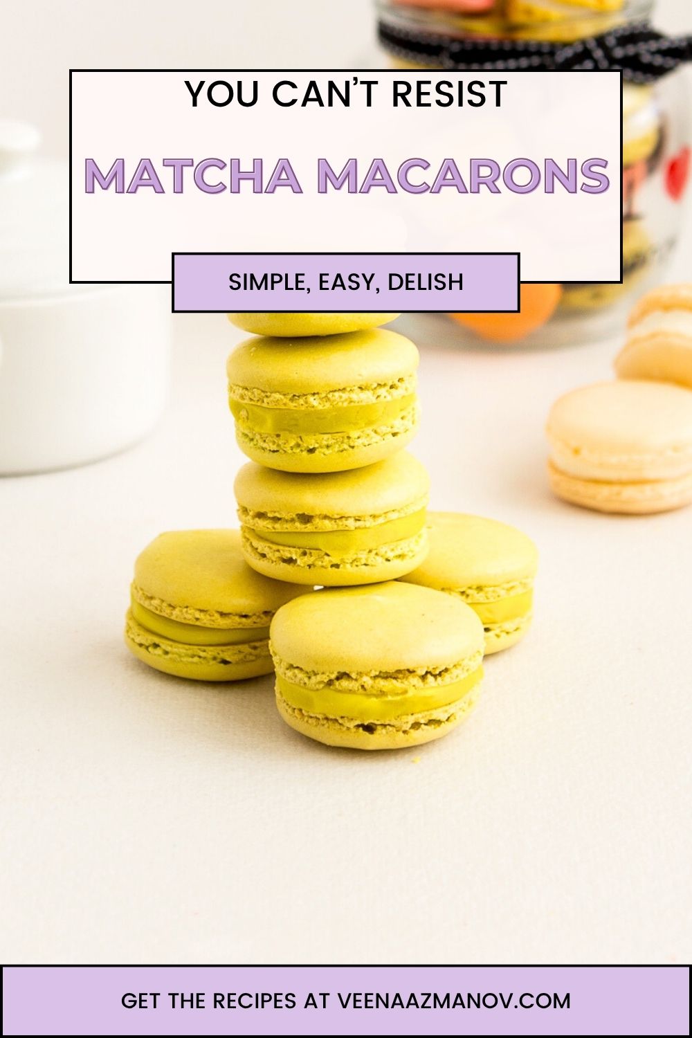Pinterest image for matcha macarons.