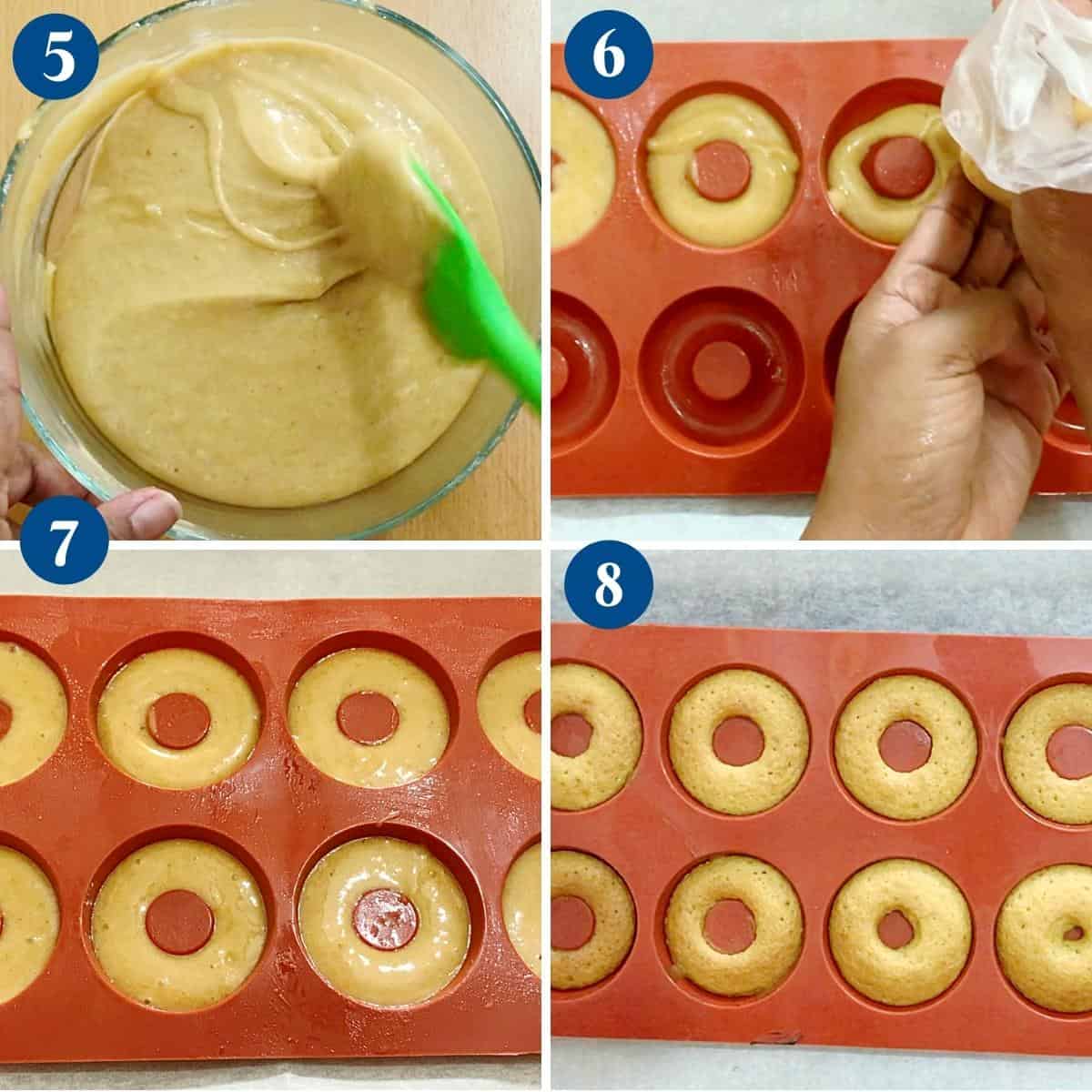 Progress pictures filling the donut pan with batter.