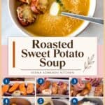 Pinterest image for Roasted Sweet Potato Soup Recipe.