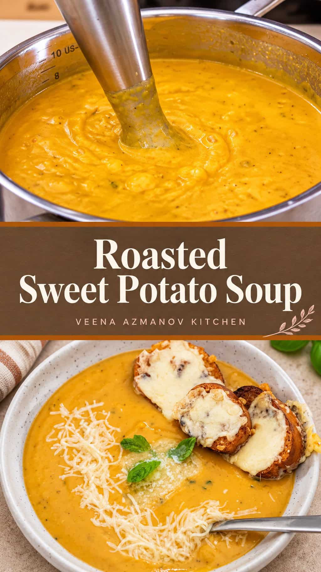 Pinterest image for Roasted Sweet Potato Soup Recipe.