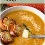 Pinterest image for Roasted Sweet Potato Soup Recipe.