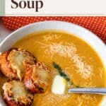 Pinterest image for Roasted Sweet Potato Soup Recipe.