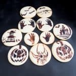 Stenciled cookies on a board.