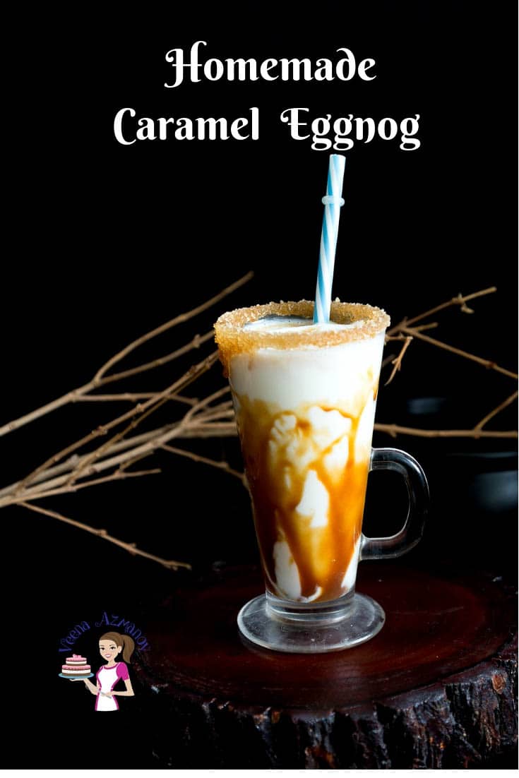 A tall glass with caramel eggnog.